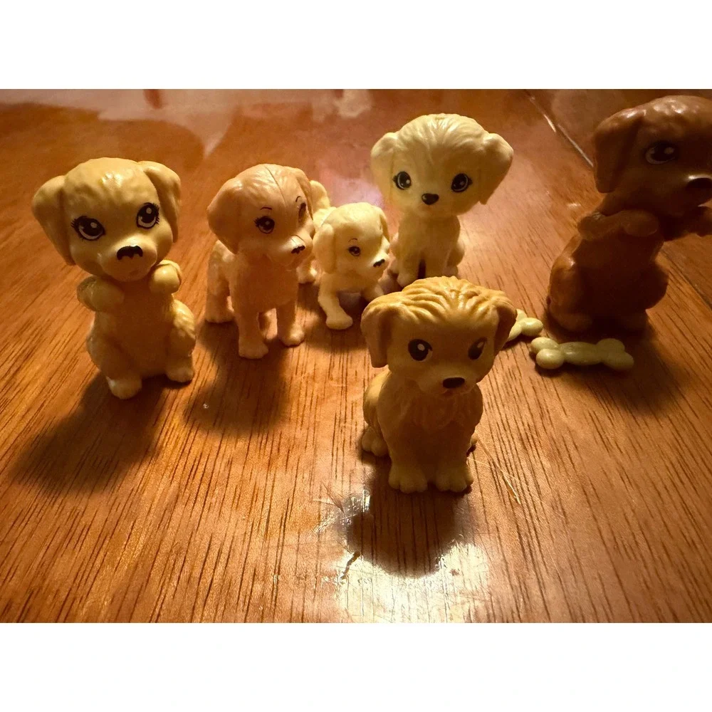 Barbie Puppy Dog Figure Lot 6 Miniature Puppies and 2 Bones Tan Brown Gold
